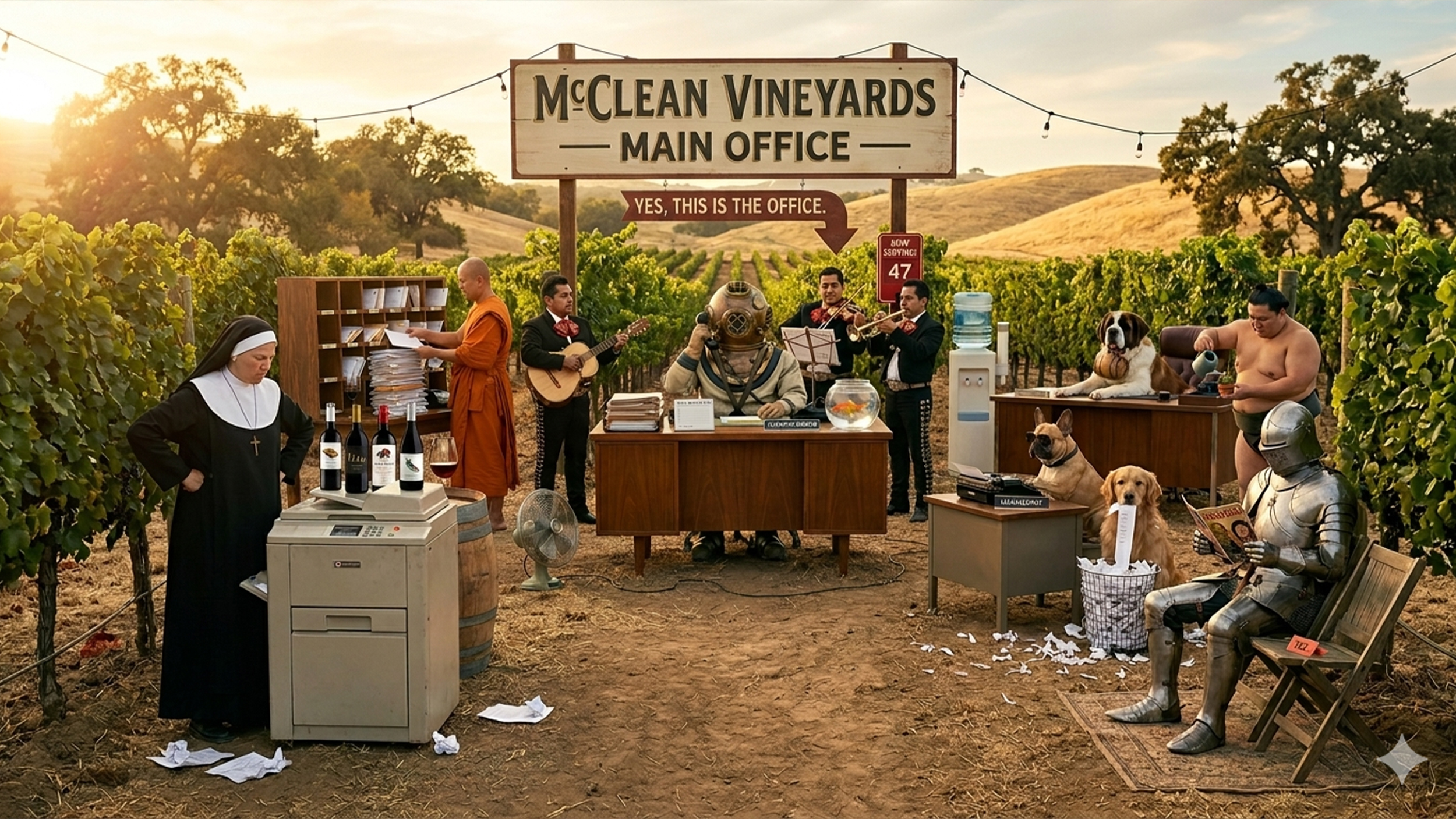 A vintage 1950s office set up deep inside a Paso Robles vineyard at golden hour under a sign reading McClean Vineyards Main Office: a deep-sea diver in a brass helmet answers a rotary phone at the customer service desk with a koi in a fishbowl, mariachis play live hold music beside him, a monk sorts mail, a nun glares at a jammed copy machine, a sumo wrestler waters a tiny office plant, a French bulldog in sunglasses sits at a Management desk, a golden retriever shreds paper into a wastebasket, a St. Bernard oversees from an executive desk, and a knight in full armor waits in a folding chair holding ticket number 112.